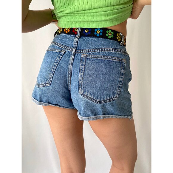 90s vintage rainbow groovy flower retro blue denim high waist mini jean shorts - Picture 4 of 9